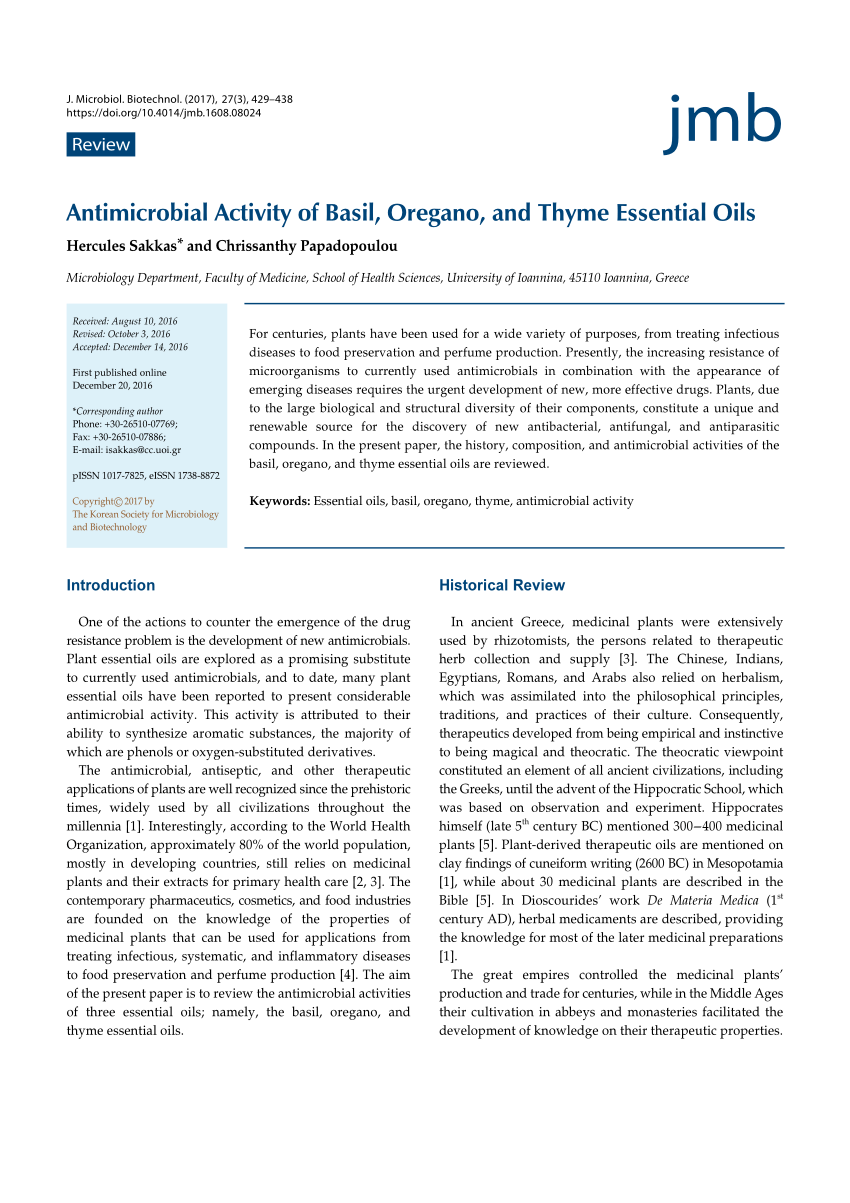 PDF Antimicrobial Activity of Basil Oregano and Thyme Essential