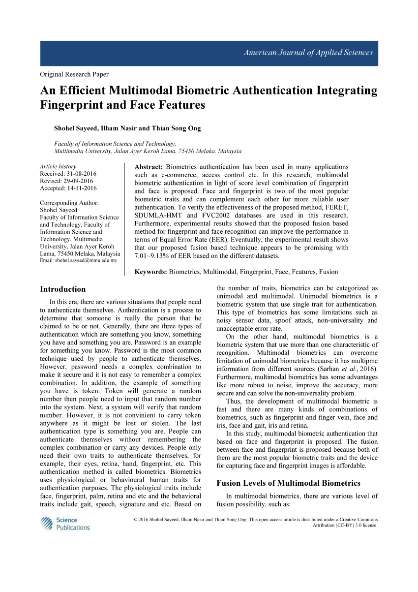 Pdf An Efficient Multimodal Biometric Authentication Integrating Fingerprint And Face Features 4363