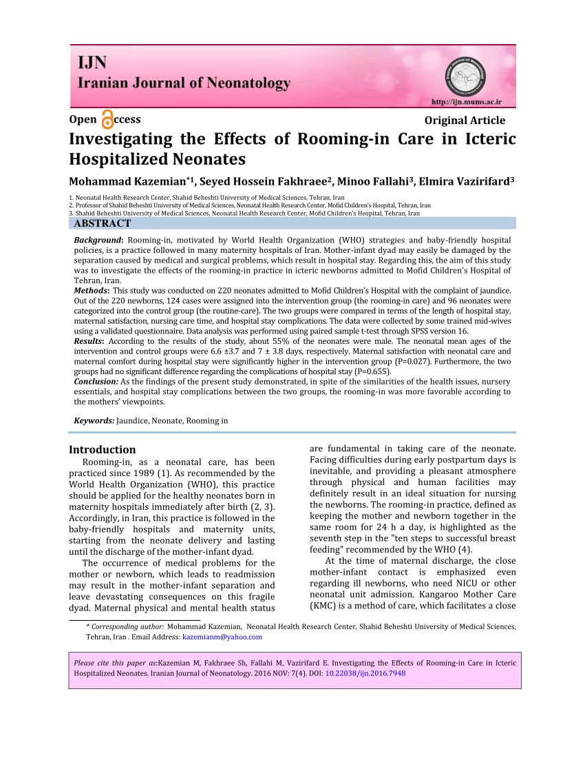 Pdf Investigating The Effects Of Rooming In Care In Icteric