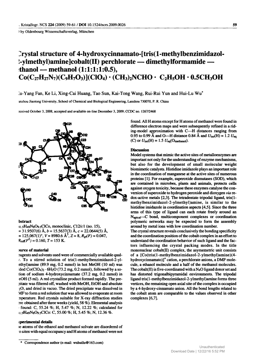 Pdf Crystal Structure Of 4 Hydroxycinnamato Tris 1 Methyibenzimidazoll Ylmethyl Amine Cobalt Ii Perchlorate Dimethylformamide Ithanol Methanol 1 1 1 1 0 5 Co C27h27n7 C9h703 Cio4 Ch3 2ncho C2h5oh 0 5ch3oh