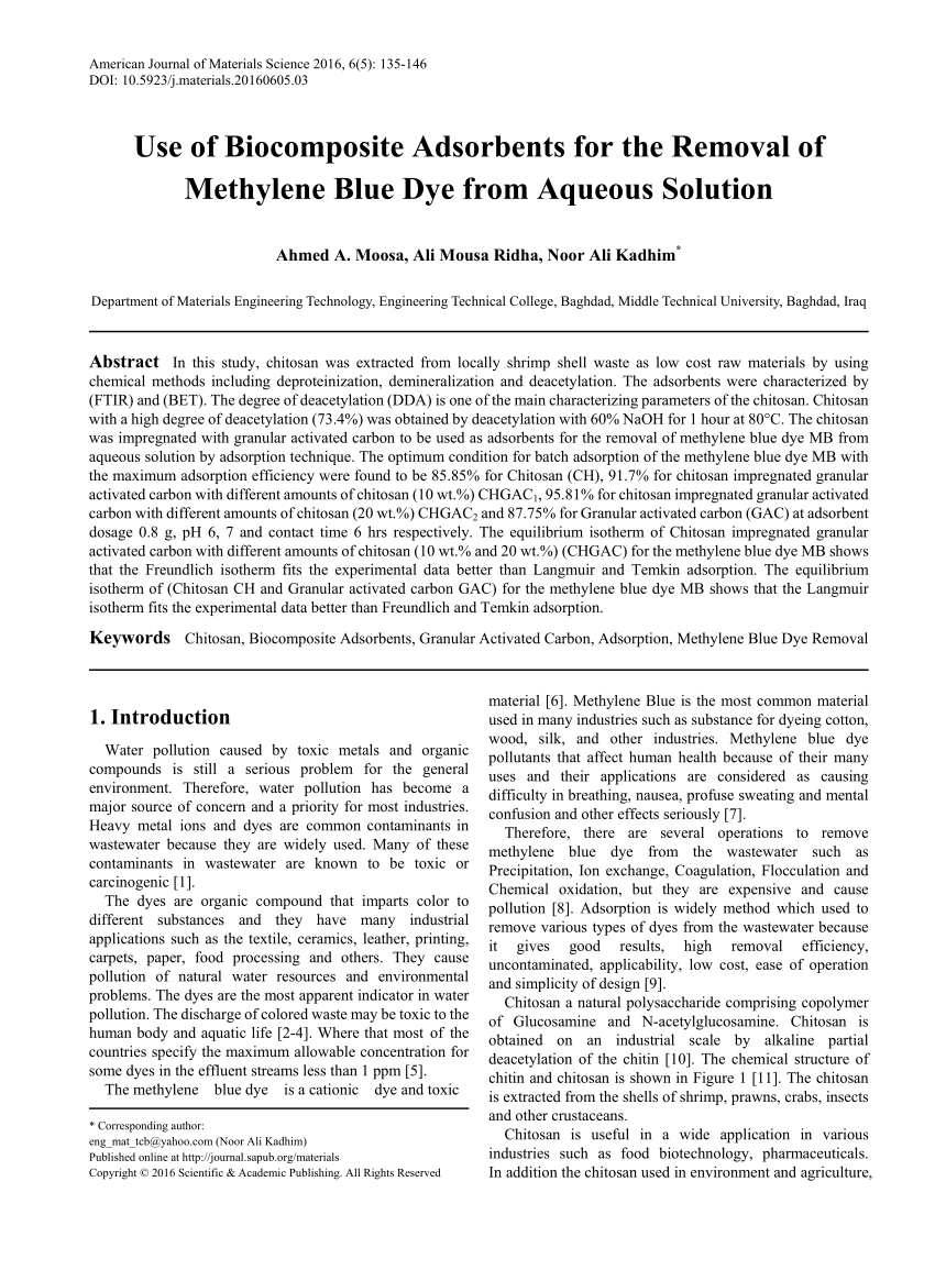 Pdf Use Of Biocomposite Adsorbents For The Removal Of Methylene Blue Dye From Aqueous Solution