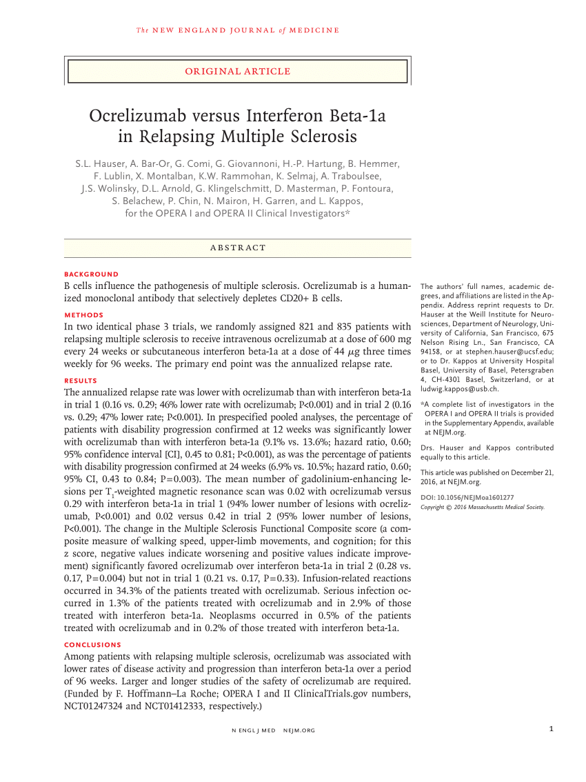 Pdf Ocrelizumab Versus Interferon Beta 1a In Relapsing Multiple Sclerosis