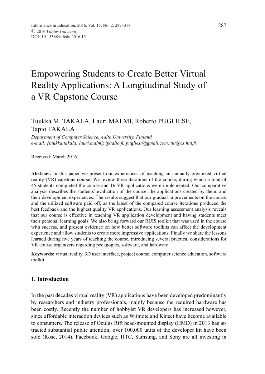 PDF) Empowering Students to Create Better Virtual Reality Applications: A  Longitudinal Study of a VR Capstone Course