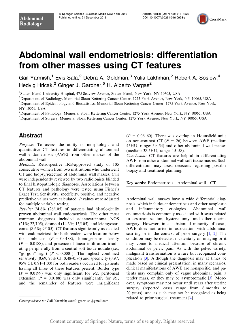 Abdominal Wall Endometriosis Differentiation From Other Masses Using Ct Features Request Pdf