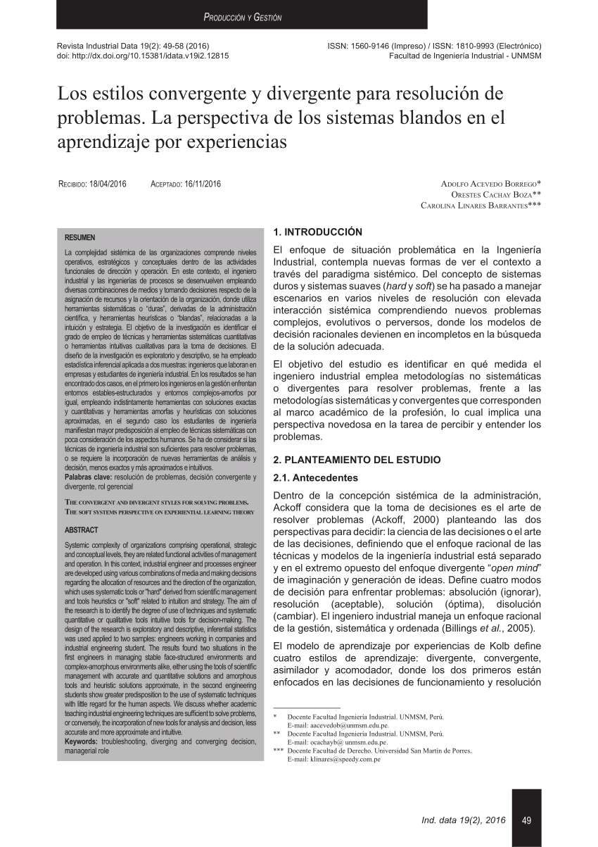 PDF) Los estilos convergente y divergente para resolución de problemas. La  perspectiva de los sistemas blandos en el aprendizaje por experiencias