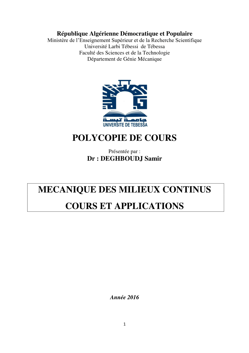 PDF) Mécaniques des Milieux continus Cours et Applications