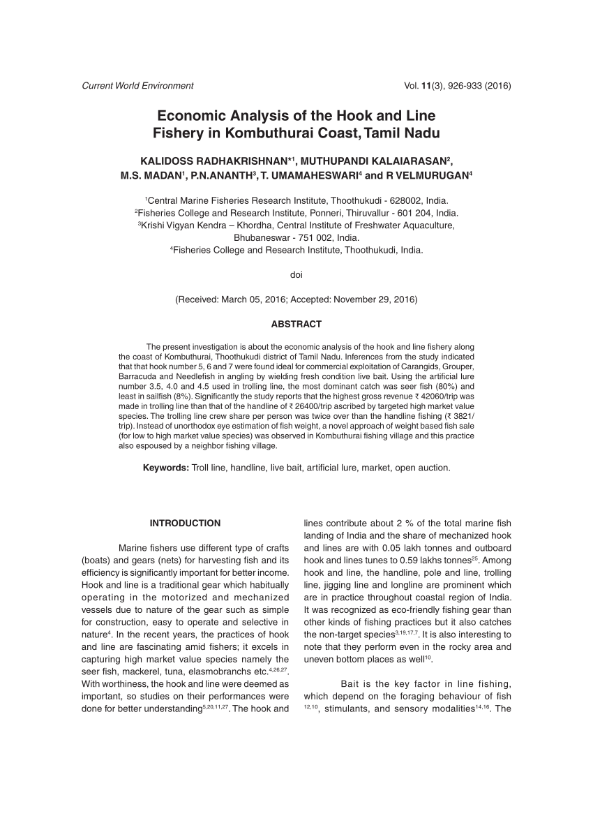 PDF) Economic Analysis of the Hook and Line Fishery in Kombuthurai Coast,  Tamil Nadu
