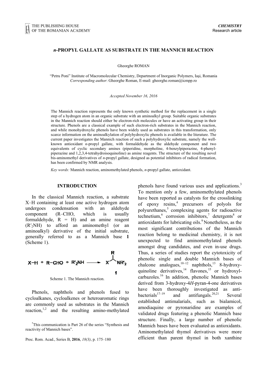 Pdf N Propyl Gallate As Substrate In The Mannich Reaction
