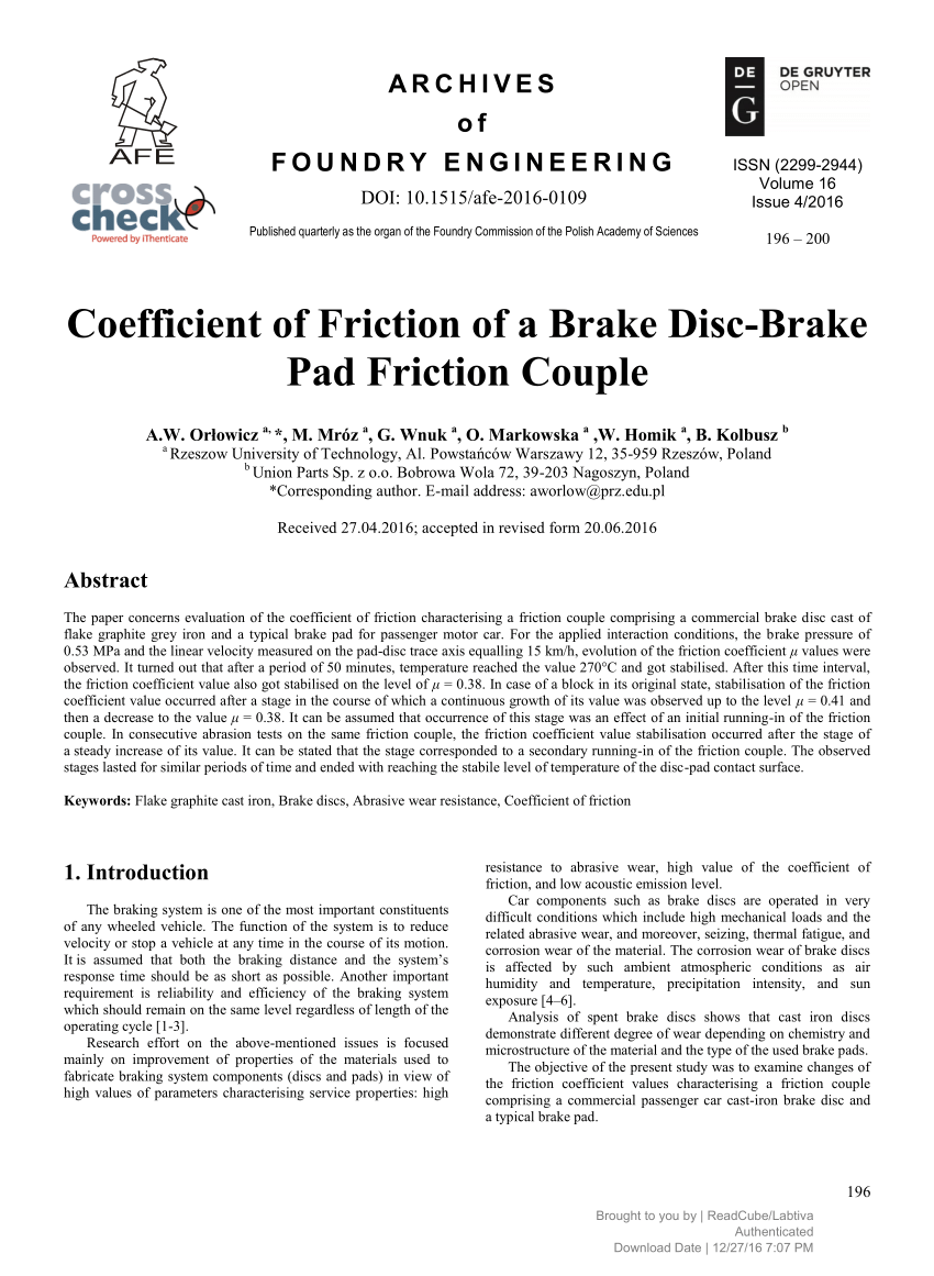 (PDF) Coefficient of Friction of a Brake Disc-Brake Pad ...