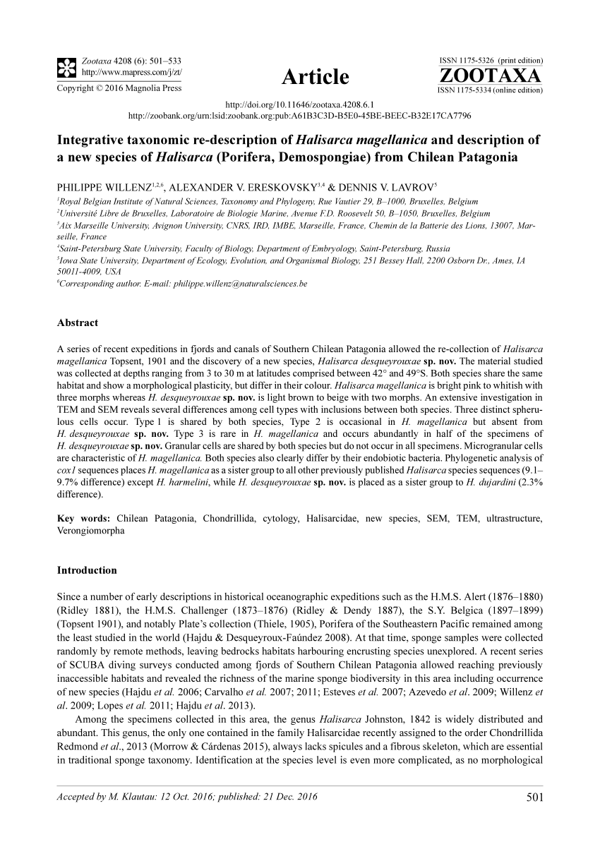 PDF) Integrative taxonomic re-description of Halisarca magellanica