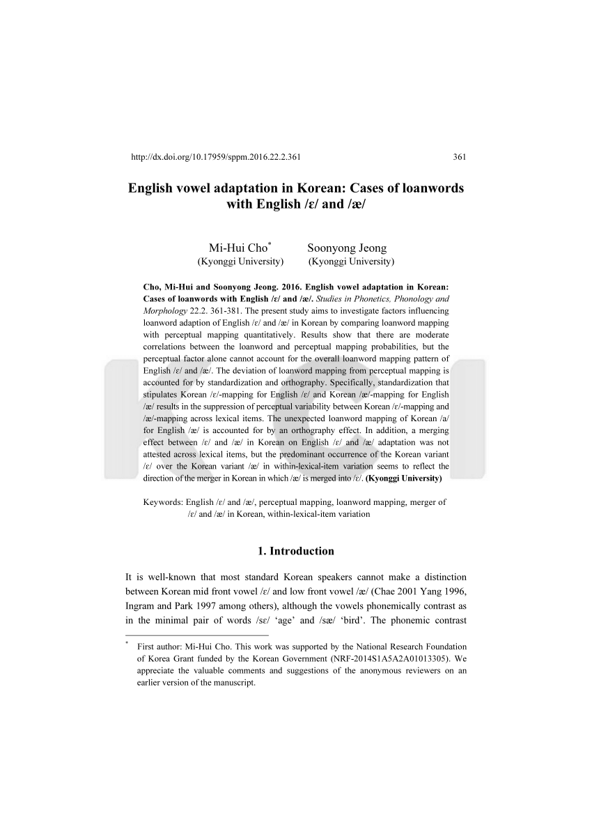 Pdf English Vowel Adaptation In Korean Cases Of Loanwords With English ɛ And Ae