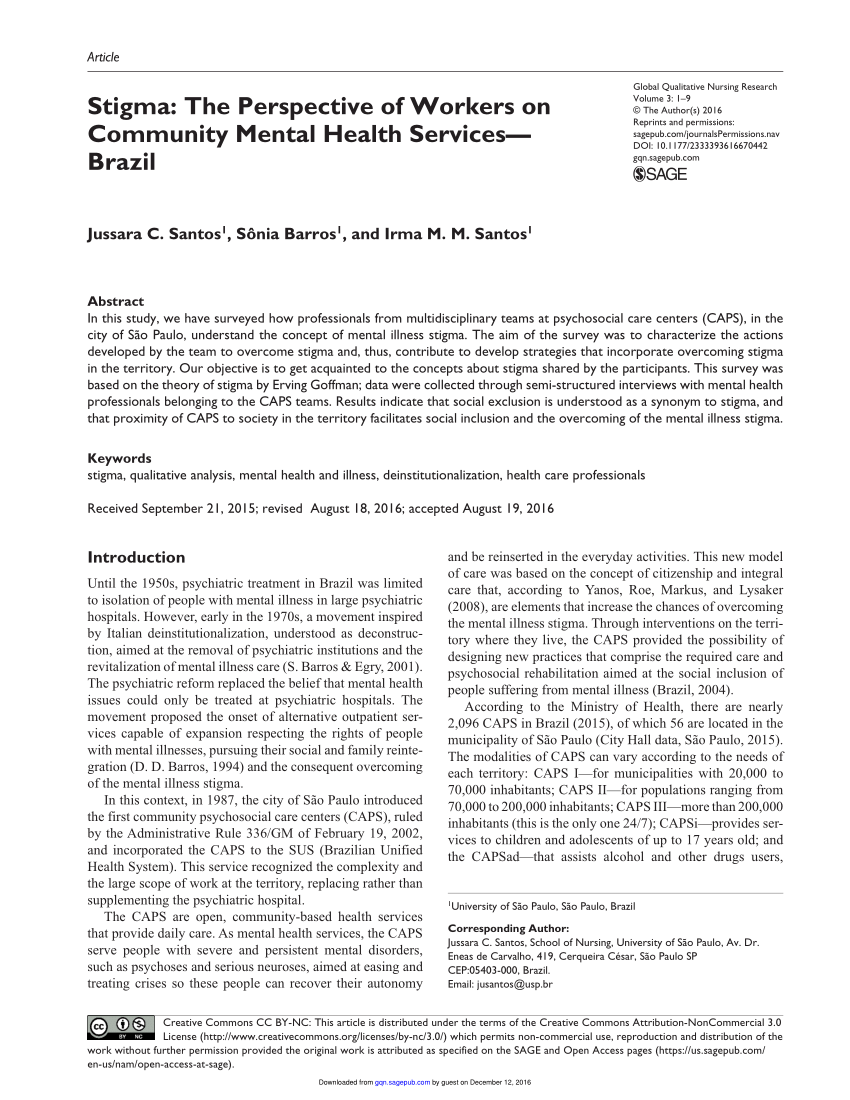 Pdf Stigma The Perspective Of Workers On Community Mental Health Services Brazil