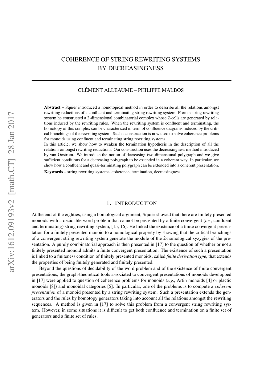 Pdf Coherence Of String Rewriting Systems By Decreasingness