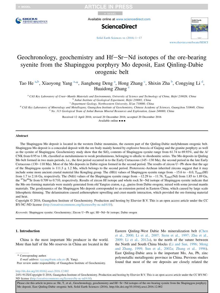 Pdf Geochronology Geochemistry And Hf Sr Nd Isotopes Of The Ore Bearing Syenite From The Shapinggou Porphyry Mo Deposit East Qinling Dabie Orogenic Belt