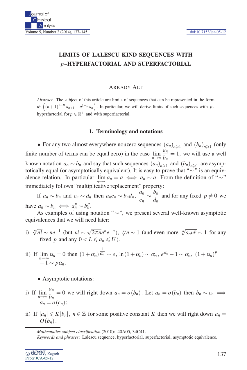 Pdf Limits Of Lalescu Kind Sequences With P Hyperfactorial And Superfactorial