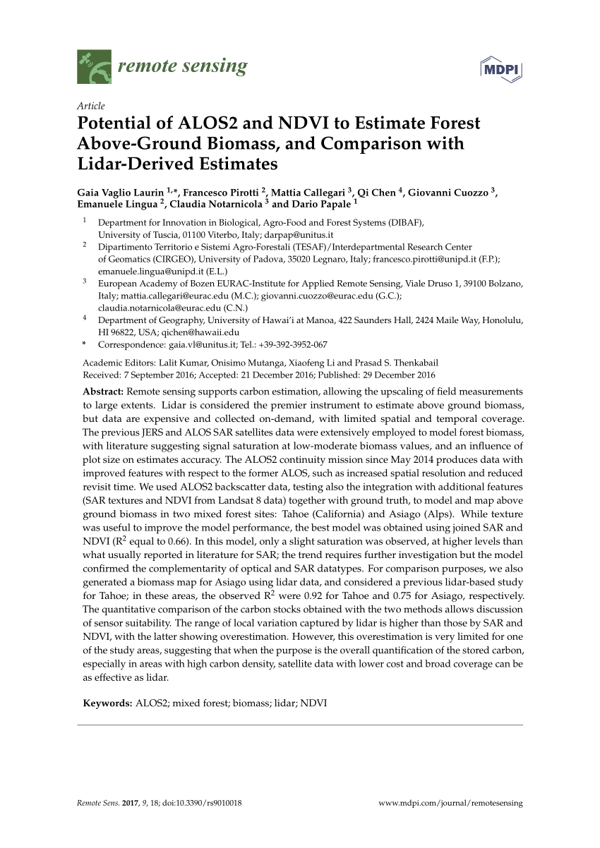 PDF) Potential of ALOS2 and NDVI to Estimate Forest Above-Ground Biomass,  and Comparison with Lidar-Derived Estimates