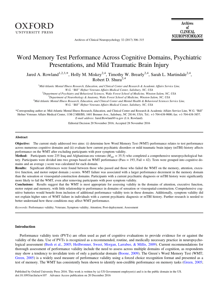 PDF] Word Memory Test Performance Across Cognitive Domains, Psychiatric  Presentations, and Mild Traumatic Brain Injury