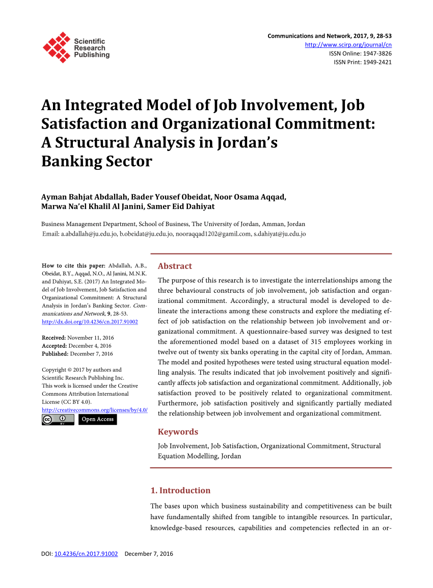 Pdf An Integrated Model Of Job Involvement Job Satisfaction And Organizational Commitment A Structural Analysis In Jordan S Banking Sector