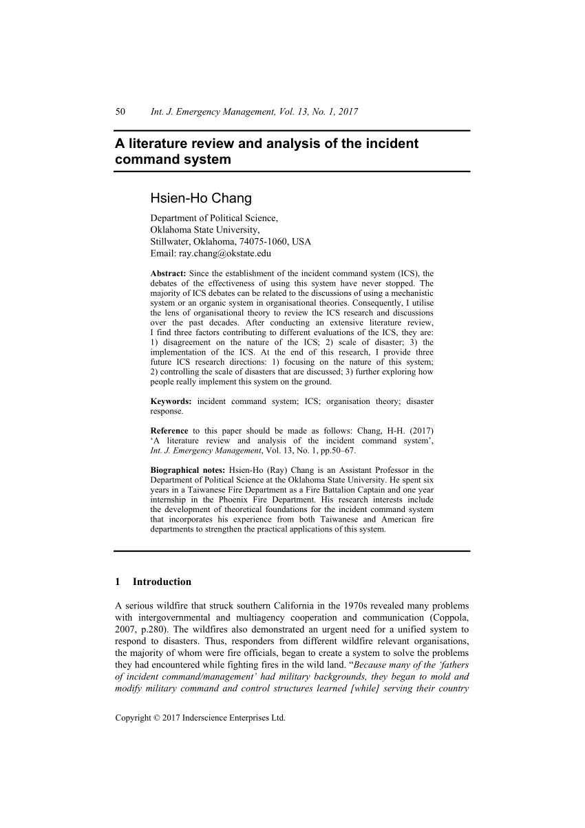 a literature review and analysis of the incident command system