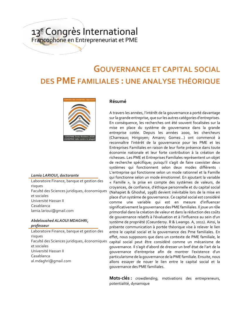 PDF) Gouvernance Capital Social des PME familiales: Une Analyse Théorique