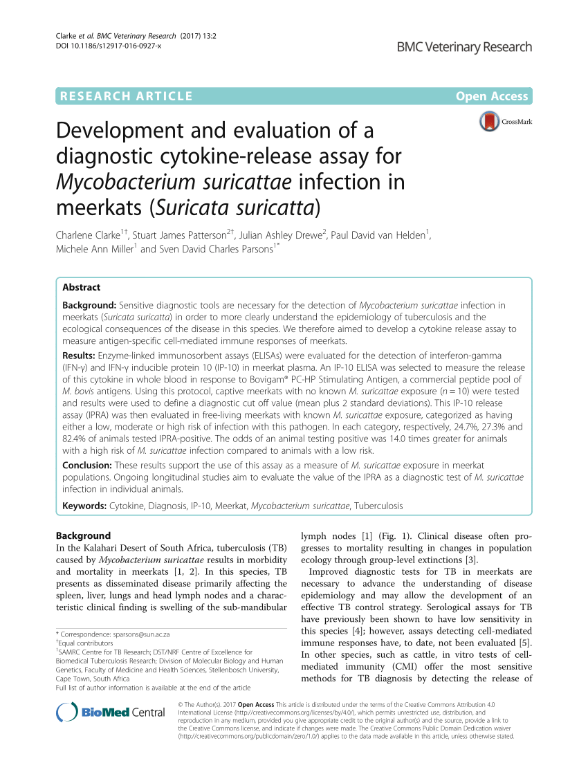 Pdf Development And Evaluation Of A Diagnostic Cytokine Release Assay For Mycobacterium Suricattae Infection In Meerkats Suricata Suricatta