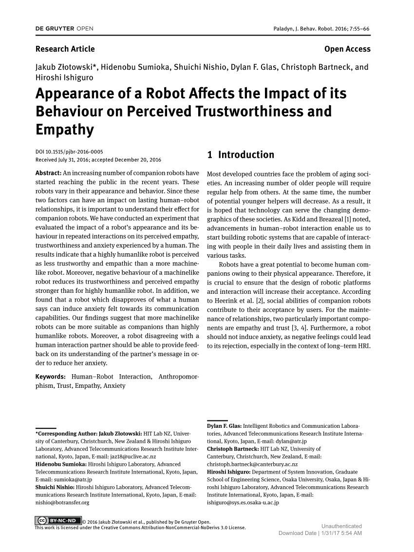Pdf Appearance Of A Robot Affects The Impact Of Its Behaviour On Perceived Trustworthiness And Empathy
