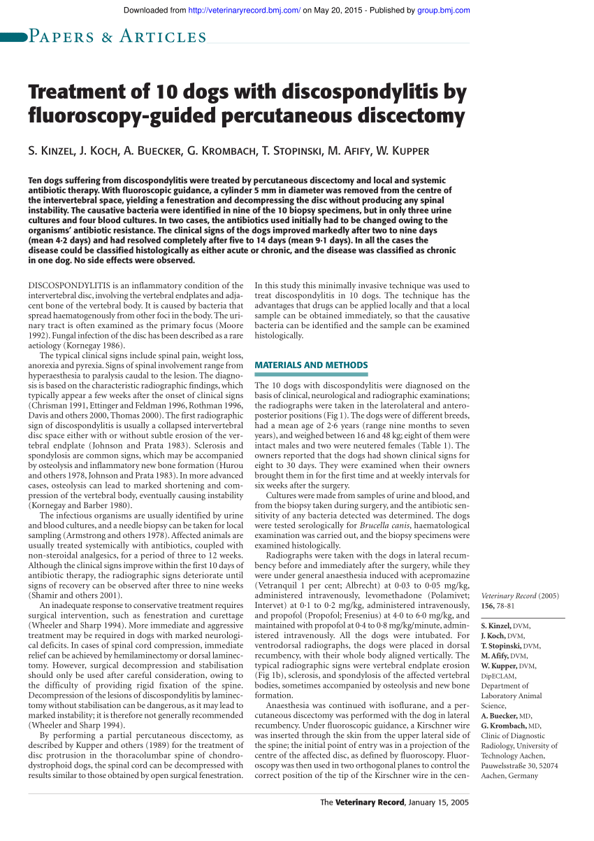 Pdf Treatment Of 10 Dogs With Discospondylitis