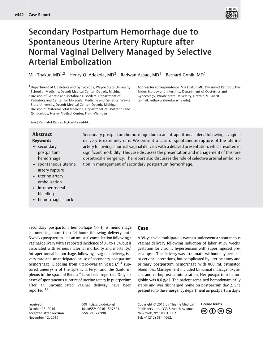 Pdf Secondary Postpartum Hemorrhage Due To Spontaneous Uterine Artery