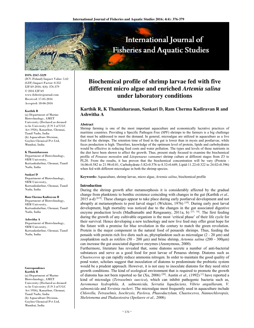 PDF) International Journal of Fisheries and Aquatic Studies 2016; 4(4):  376-379 Biochemical profile of shrimp larvae fed with five different micro  algae and enriched Artemia salina under laboratory conditions