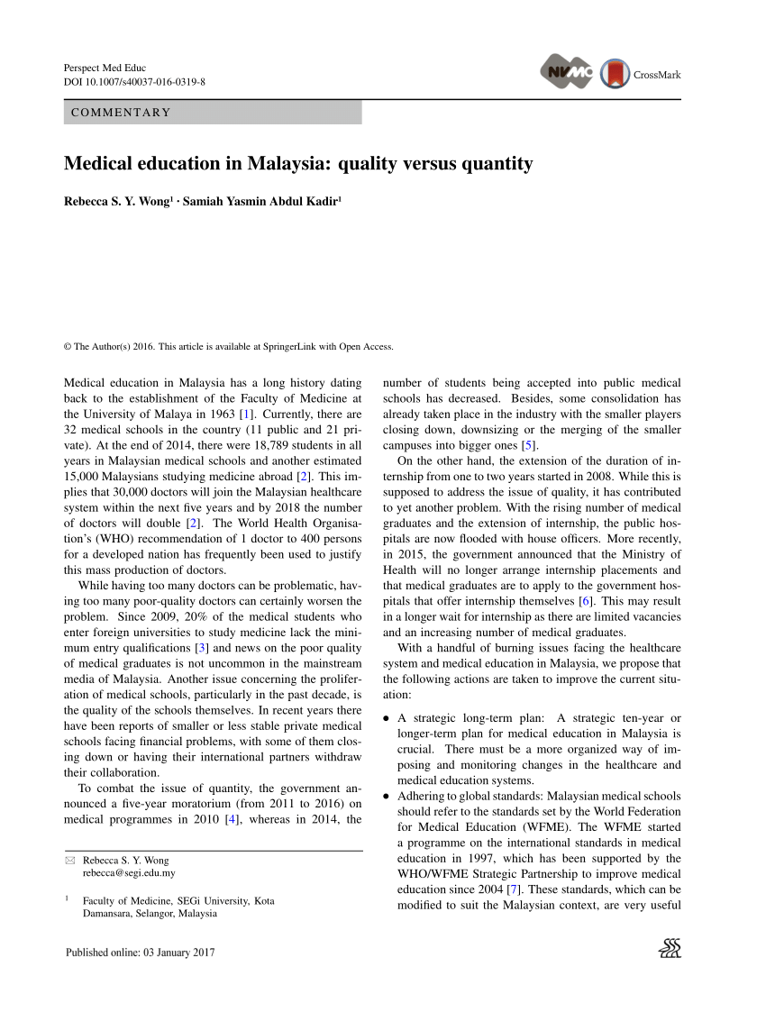 Pdf Medical Education In Malaysia Quality Versus Quantity