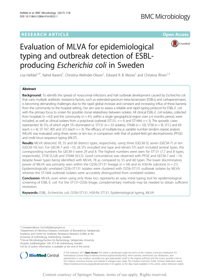 (PDF) Evaluation of MLVA for epidemiological typing and outbreak detection of ESBL-producing Escherichia in Sweden