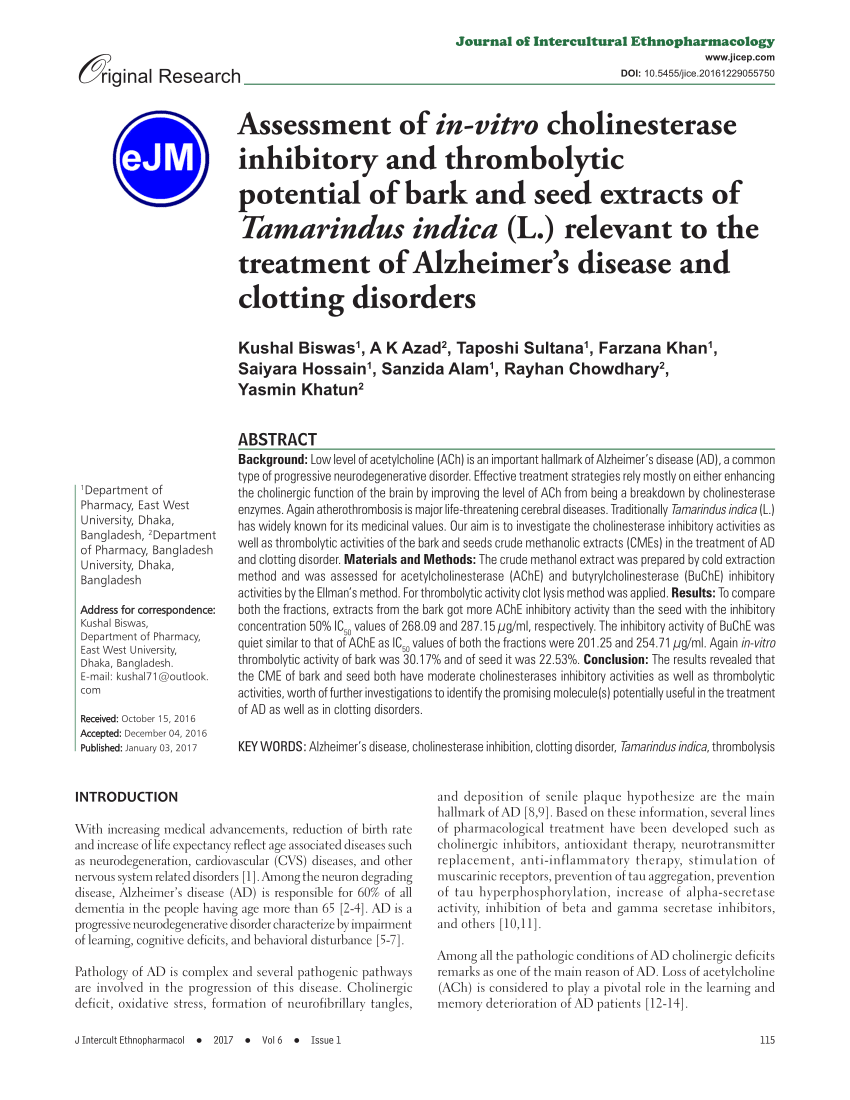 Pdf Assessment Of In Vitro Cholinesterase Inhibitory And Thrombolytic Potential Of Bark And Seed Extracts Of Tamarindus Indica L Relevant To The Treatment Of Alzheimer S Disease And Clotting Disorders