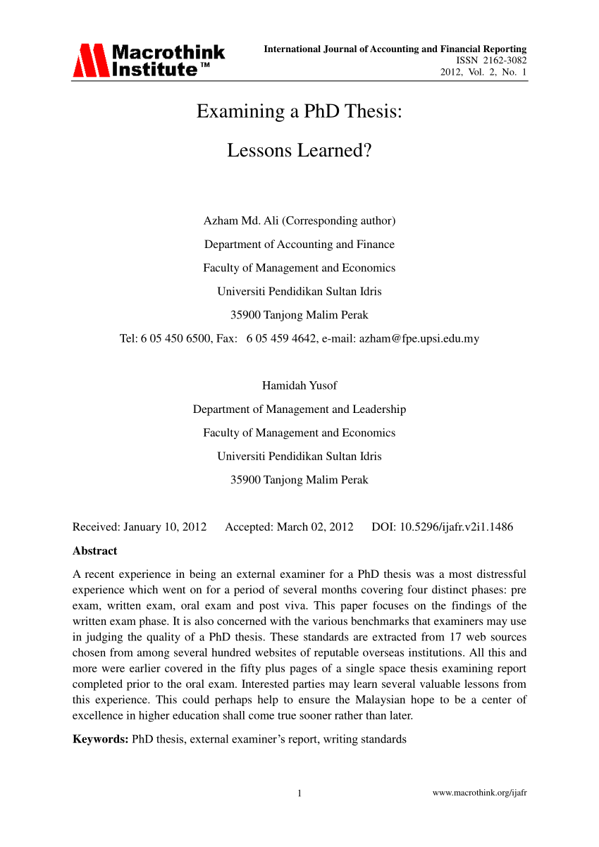 Pdf Examining A Phd Thesis Lessons Learned