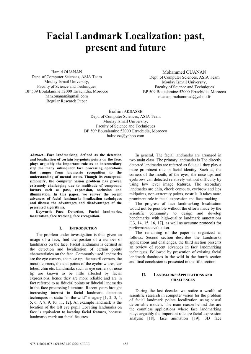 (PDF) Facial landmark localization Past, present and future