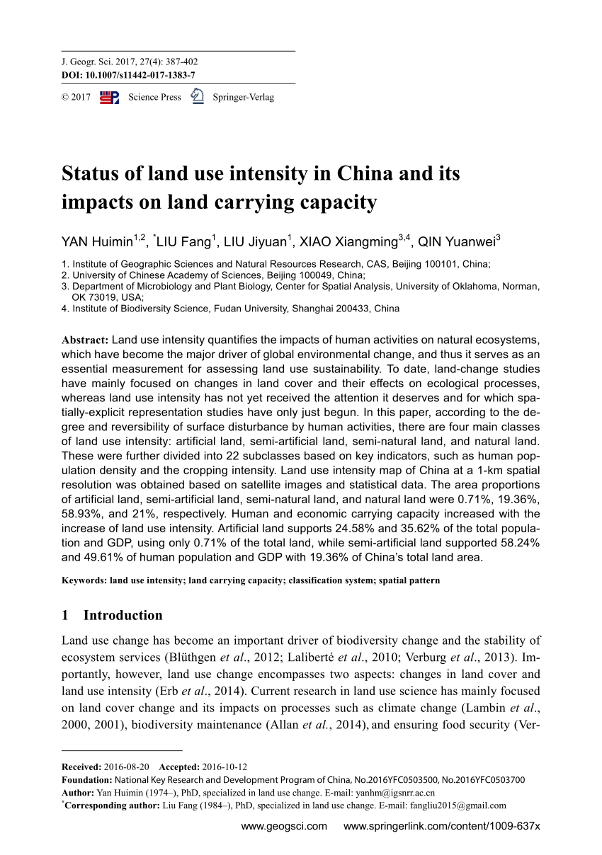 Pdf Status Of Land Use Intensity In China And Its Impacts - 