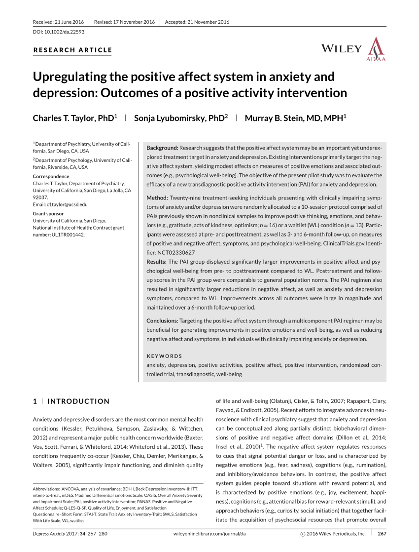 Pdf Upregulating The Positive Affect System In Anxiety And Depression Outcomes Of A Positive Activity Intervention