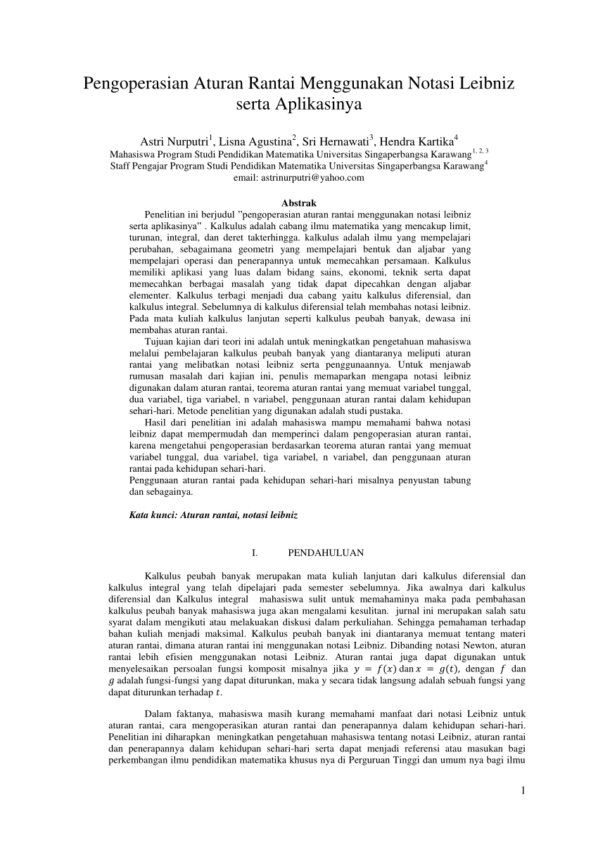 Pdf Pengoperasian Aturan Rantai Menggunakan Notasi Leibniz Serta Aplikasinya