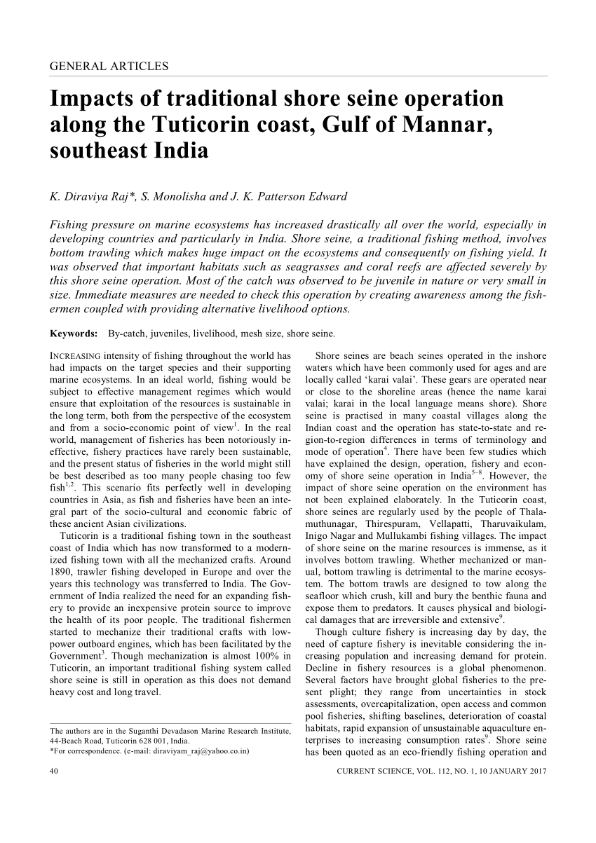 PDF) Impacts of Traditional Shore Seine Operation along the Tuticorin  Coast, Gulf of Mannar, Southeast India