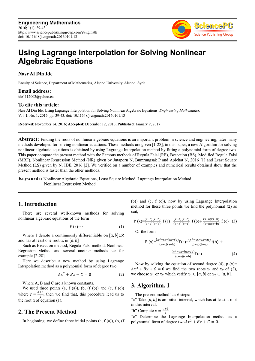 Pdf Lagrange Interpolation For Solving Nonlinear Equations