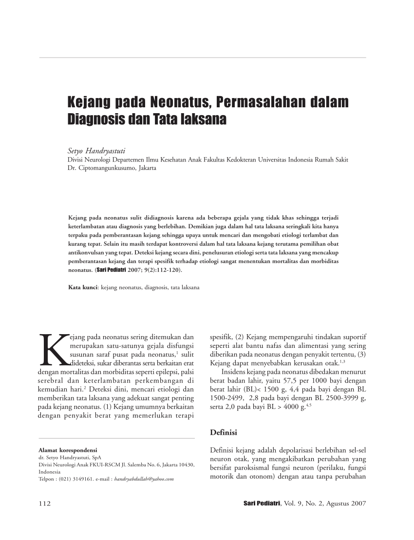 PDF Kejang Pada Neonatus Permasalahan Dalam Diagnosis Dan Tata Laksana