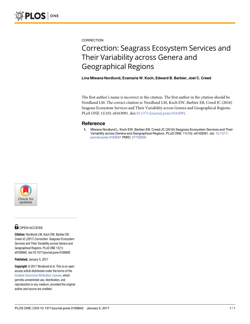 Pdf Correction Seagrass Ecosystem Services And Their Variability Across Genera And Geographical Regions