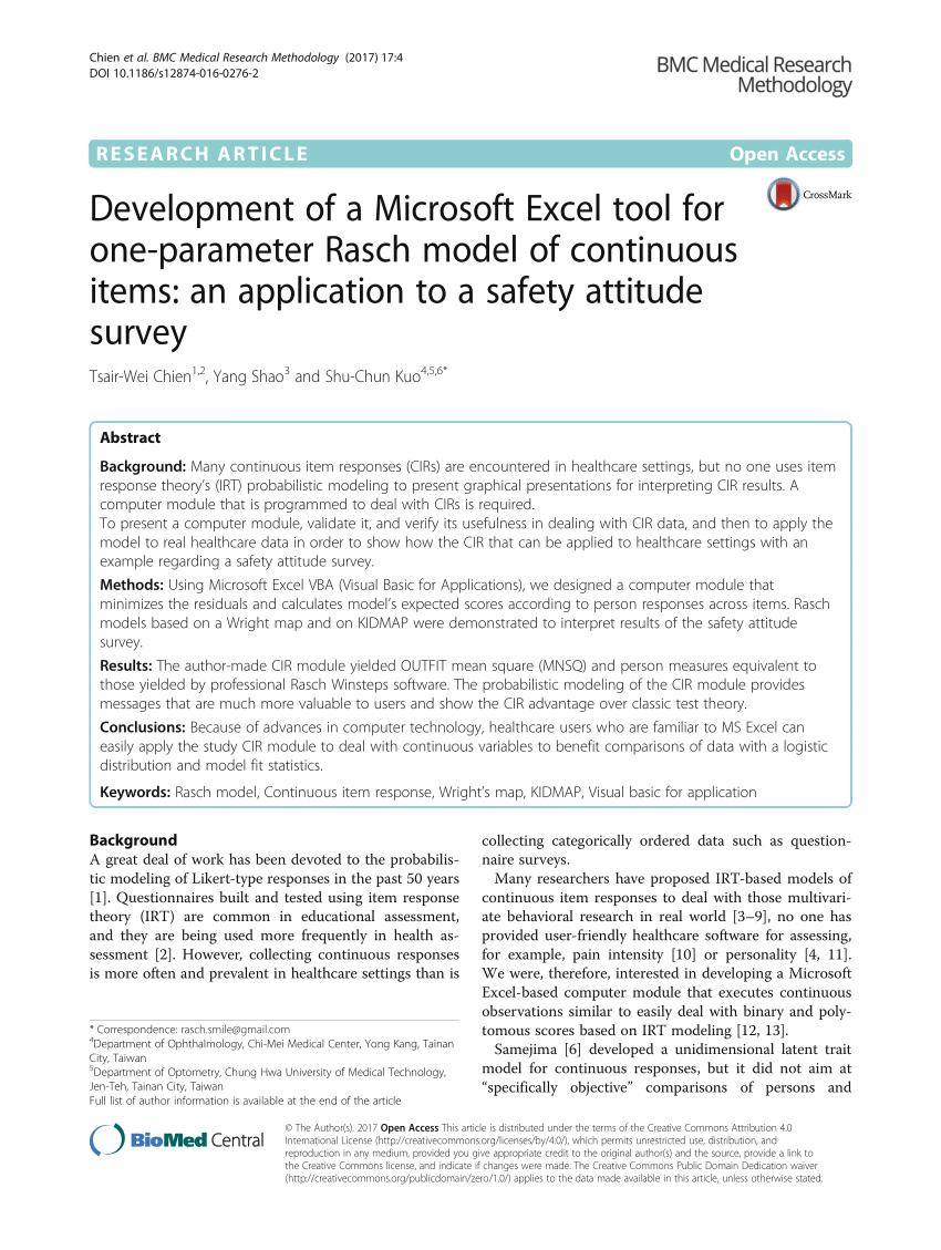 Pdf Development Of A Microsoft Excel Tool For One Parameter Rasch Model Of Continuous Items An Application To A Safety Attitude Survey