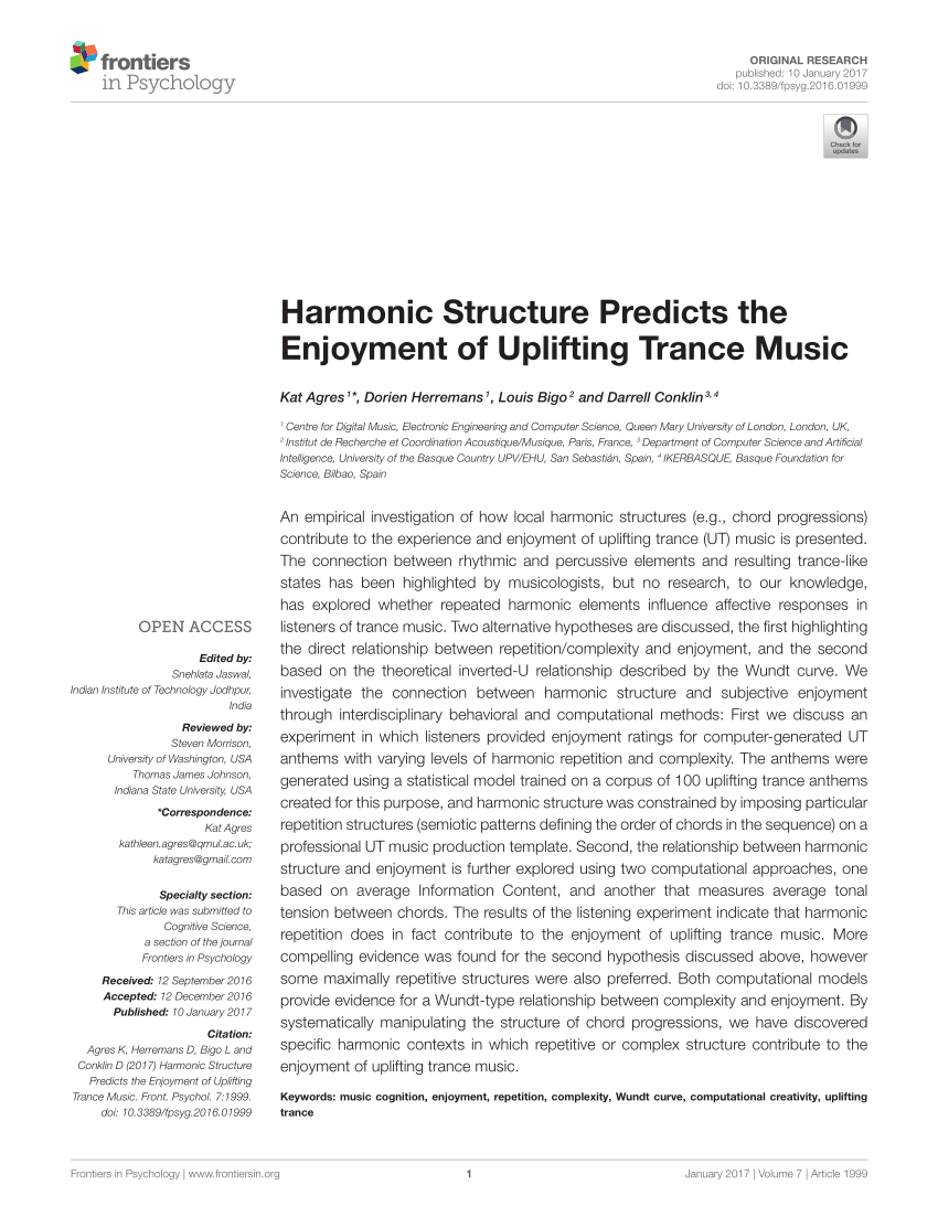 Pdf Harmonic Structure Predicts The Enjoyment Of Uplifting Trance Music