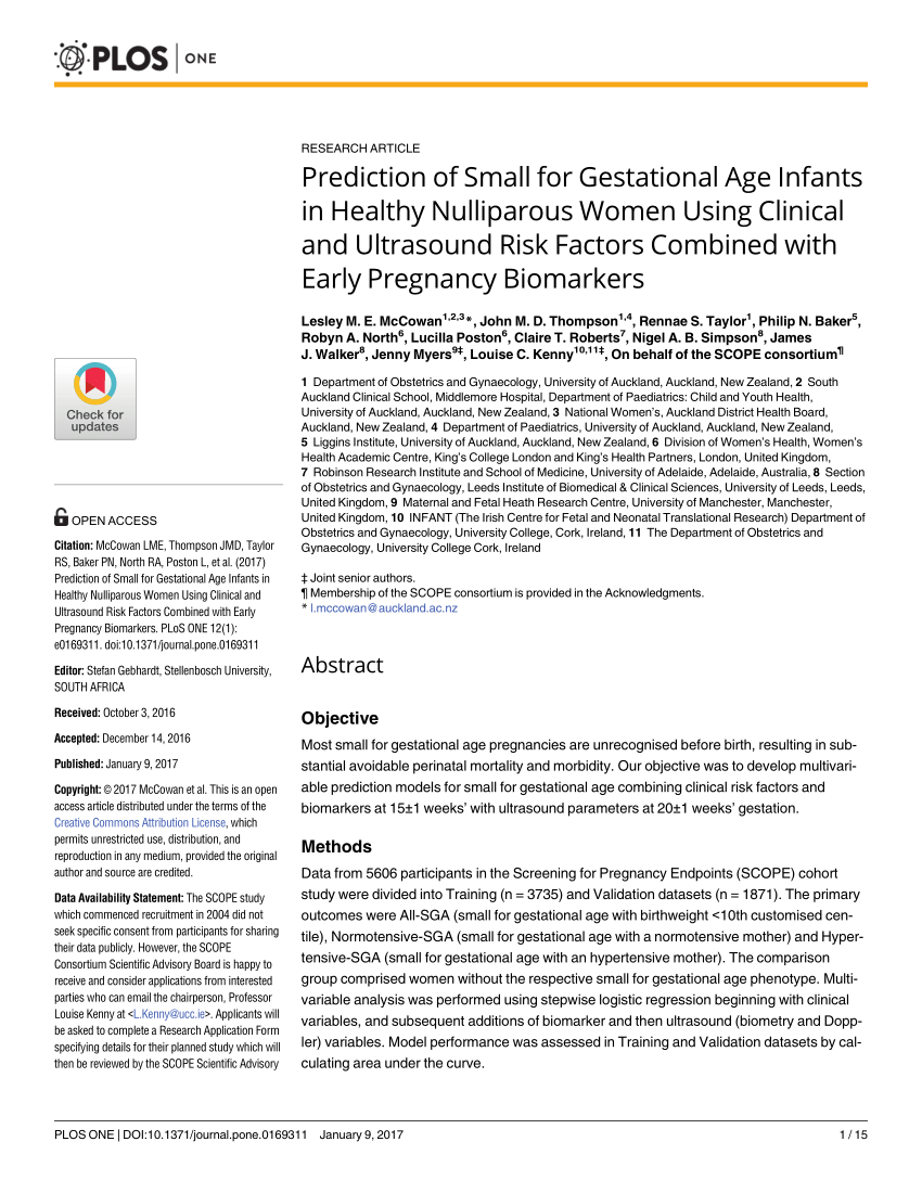 Pdf Prediction Of Small For Gestational Age Infants In Healthy Nulliparous Women Using Clinical And Ultrasound Risk Factors Combined With Early Pregnancy Biomarkers