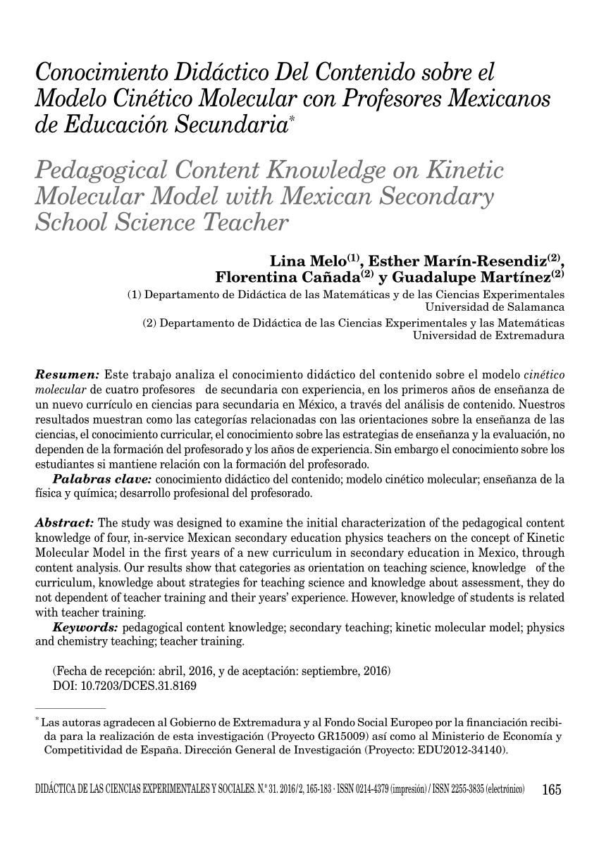 PDF) Conocimiento Didáctico Del Contenido sobre el Modelo Cinético  Molecular con Profesores Mexicanos de Educación Secundaria