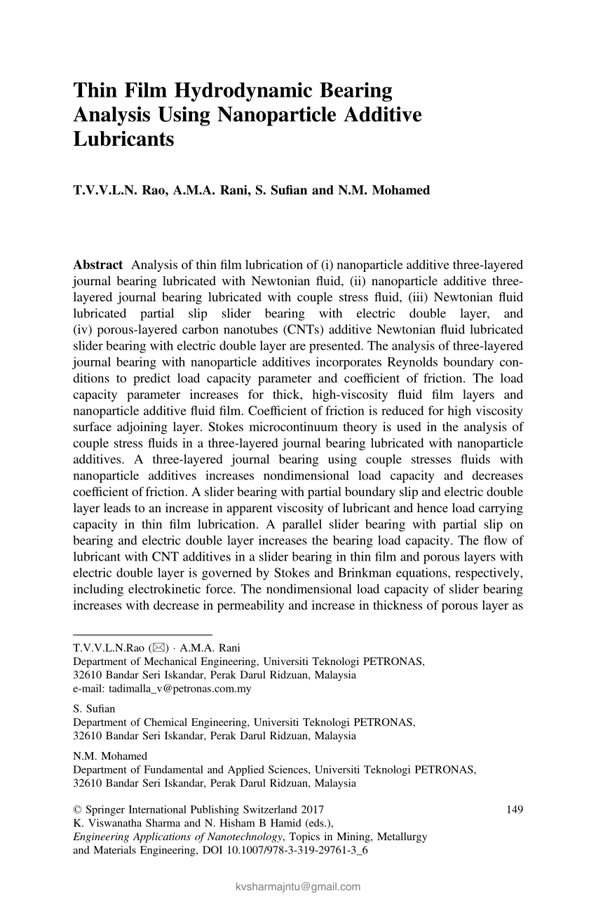 Pdf Thin Film Hydrodynamic Bearing Analysis Using Nanoparticle Additive Lubricants