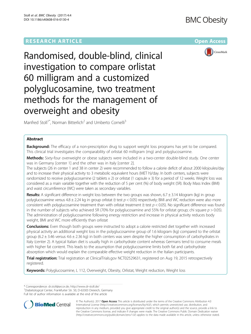Pdf Randomised Double Blind Clinical Investigation To Compare Orlistat 60 Milligram And A Customized Polyglucosamine Two Treatment Methods For The Management Of Overweight And Obesity