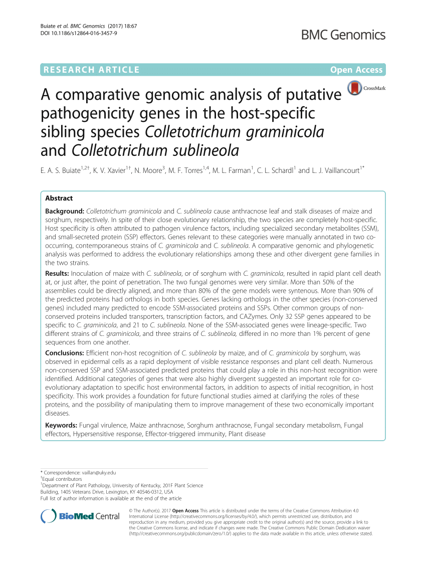 Pdf A Comparative Genomic Analysis Of Putative Pathogenicity Genes In The Host Specific Sibling Species Colletotrichum Graminicola And Colletotrichum Sublineola