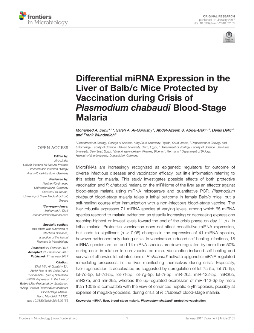 Pdf Differential Mirna Expression In The Liver Of Balb C Mice Protected By Vaccination During