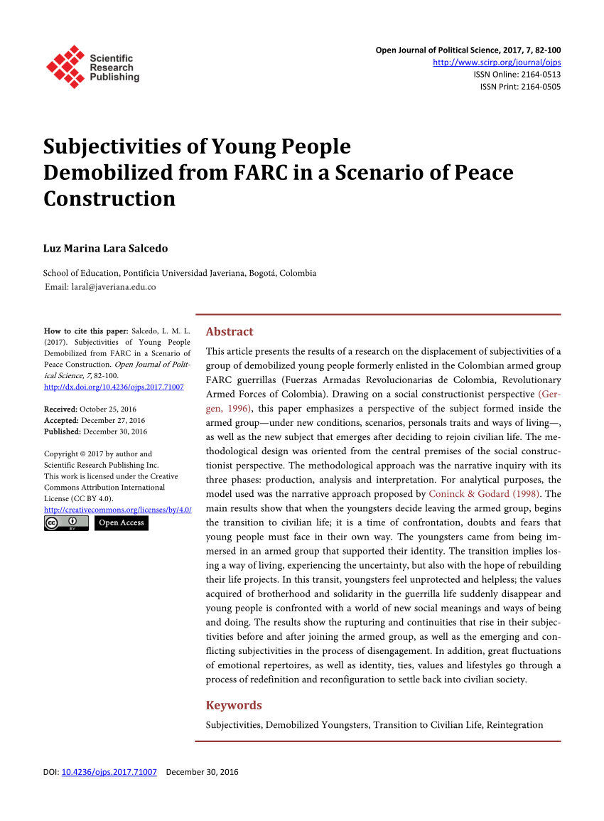 Pdf Subjectivities Of Young People Demobilized From Farc In A